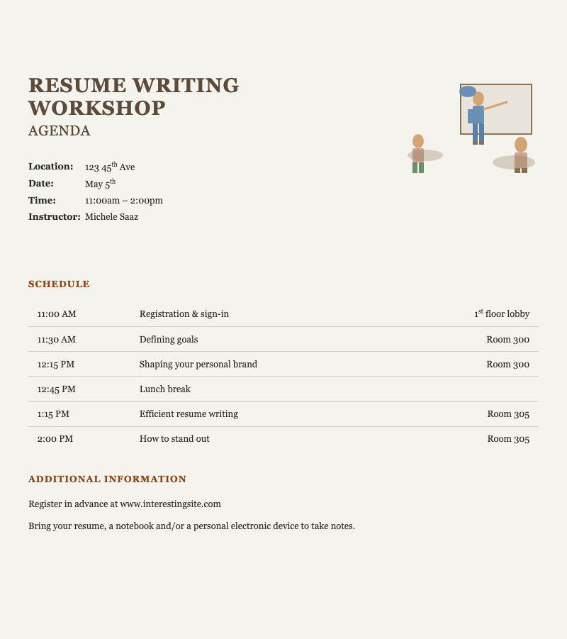 Resume writing workshop agenda - Elegant workshop schedule with timeline, locations, and custom illustration for professional events.